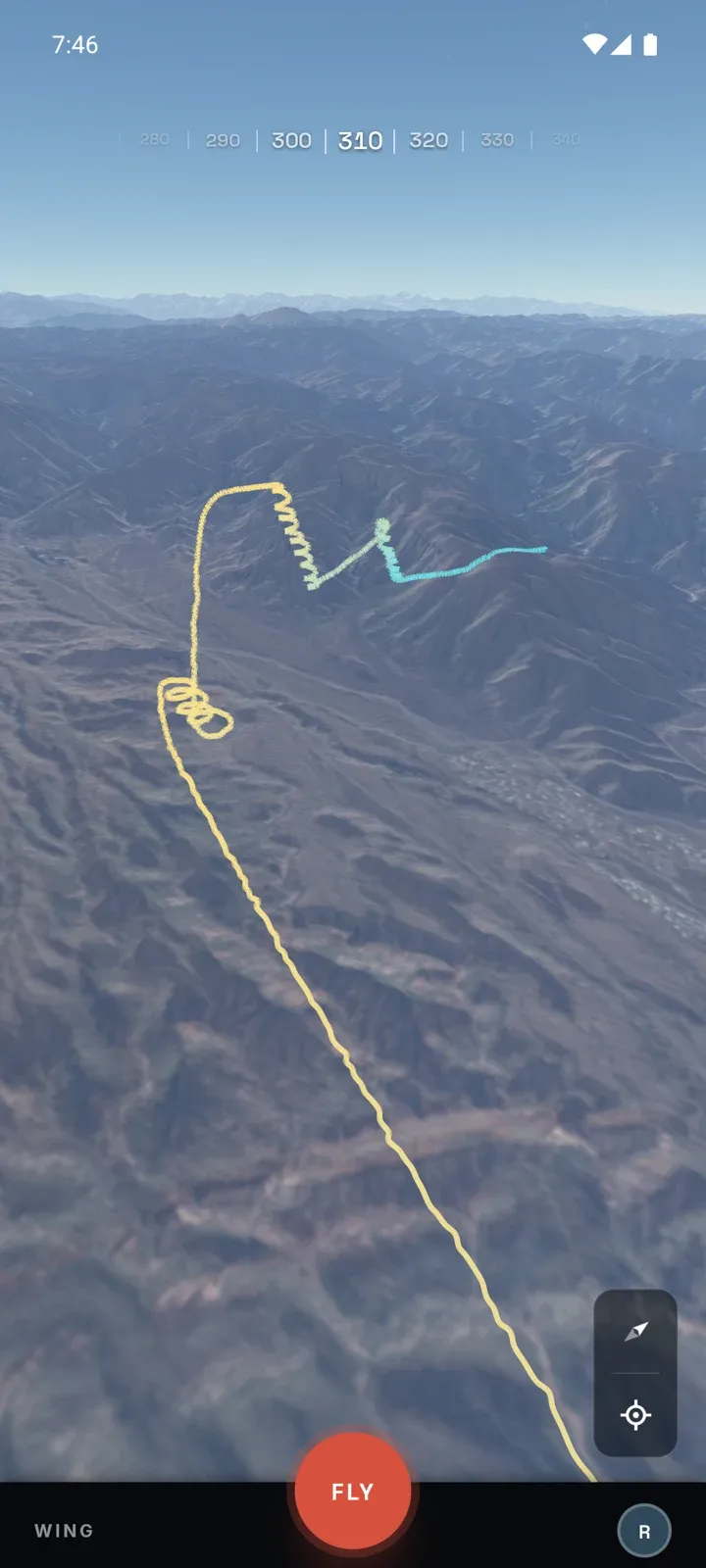 Right of Flight app showing a paragliding flight track in 3D over the Andes near Mendoza